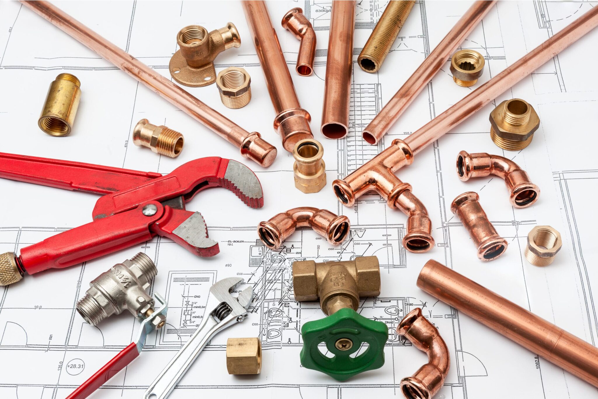 Copper pipes, fittings, valves, and plumbing tools in DeLand