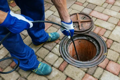 Plumber cleaning an outdoor sewer drain in DeLand