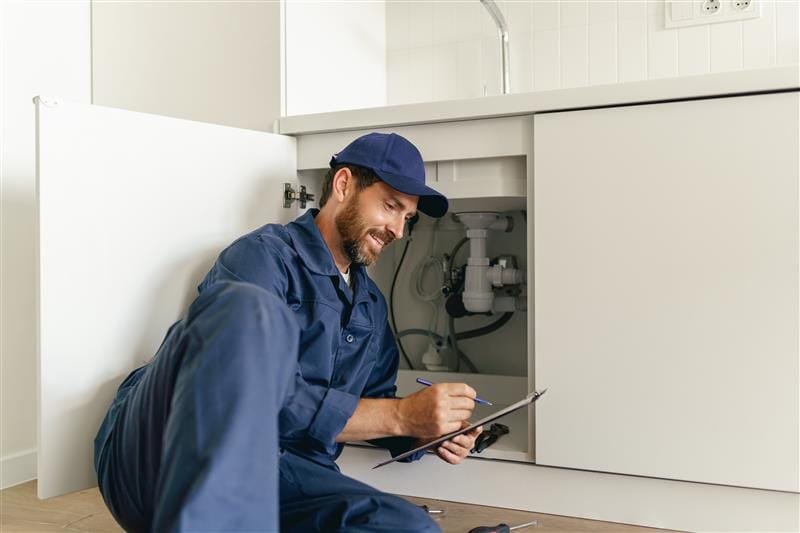 Residential plumber reviewing plumbing repairs in a DeLand kitchen