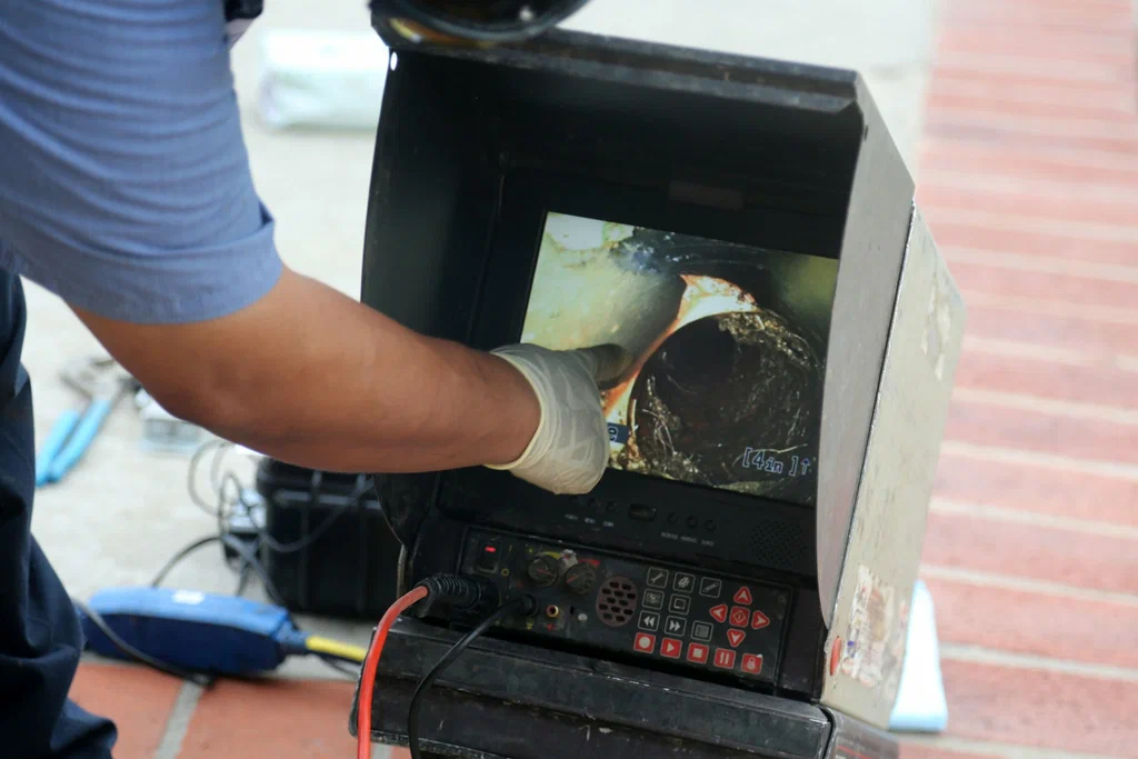 Technician viewing a drain inspection camera in DeLand