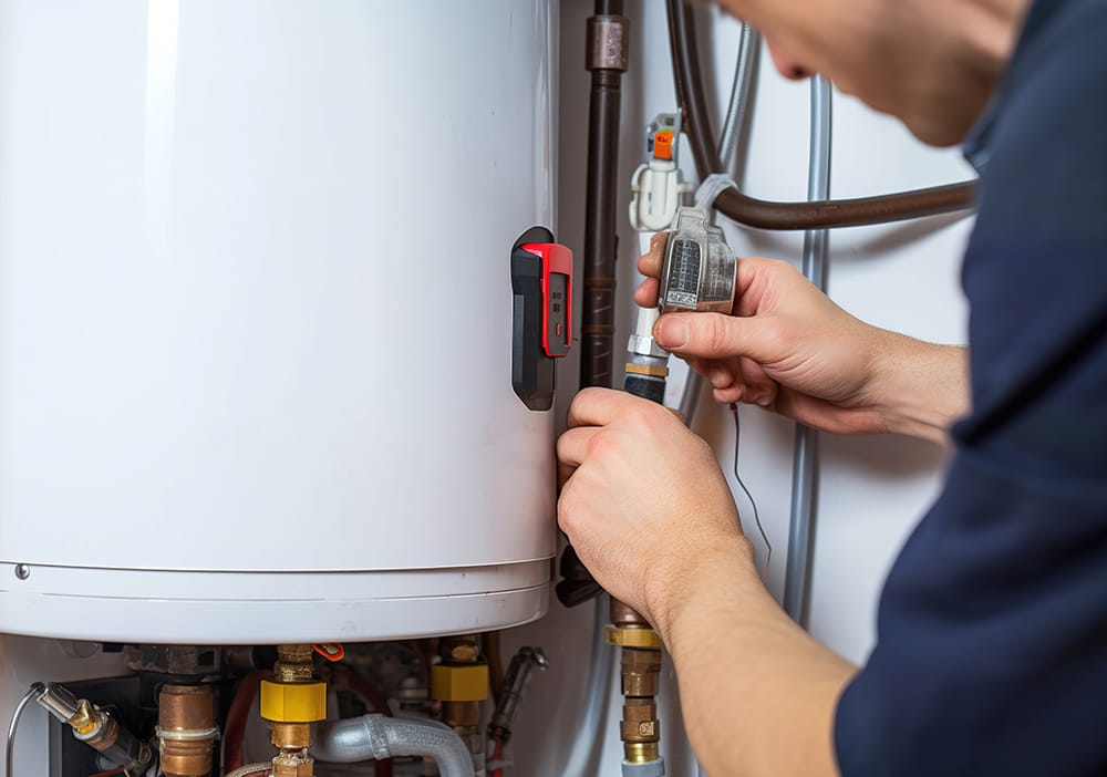 Technician repairing pipes connected to a water heater in DeLand